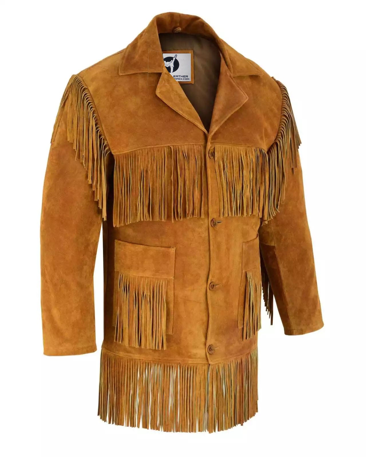 Men's Traditional Cowboy Western Leather Jacket | Native American Suede Coat with Simple Long Fringes - Golden Tan -