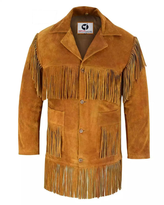 Men's Traditional Cowboy Western Leather Jacket | Native American Suede Coat with Simple Long Fringes - Golden Tan -