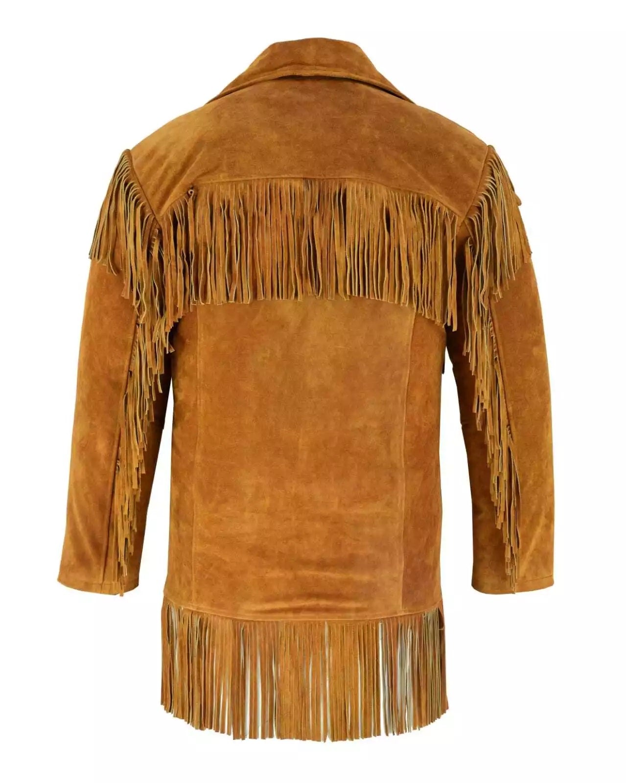 Men's Traditional Cowboy Western Leather Jacket | Native American Suede Coat with Simple Long Fringes - Golden Tan -