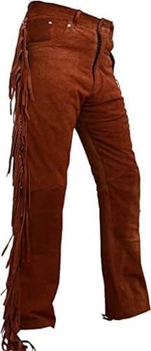 Men's Cowboy Buckskin Suede Leather Western Pant with Fringe - Tan Brown