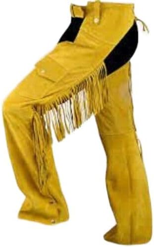 Cowboy Leather Western Leather Fringe Native Handmade Beads Chaps - Yellow