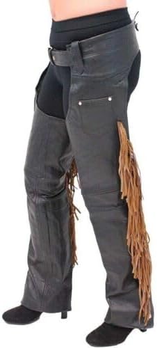 Cowboy Leather Western Leather Fringe Native Handmade Beads Chaps - Black with Brown Fringes