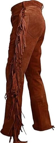 Men's Cowboy Buckskin Suede Leather Western Pant with Fringe - Tan Brown