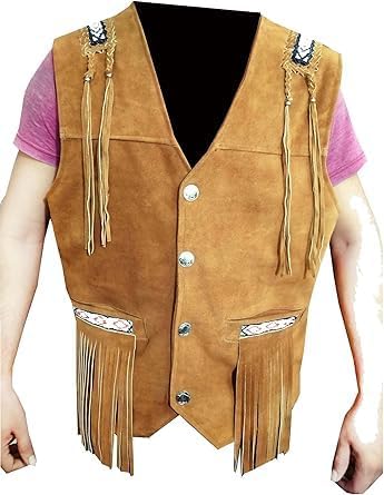 Men's Cowboy Suede Fringed Beaded Vest, Native American Western Style - Camel Brown 1