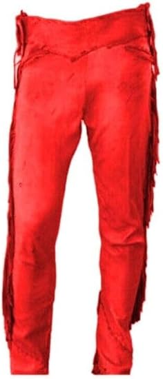 Men's Cowboy Buckskin Suede Leather Western Pant with Fringe - Red