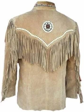 Mens Traditional Western Genuine Suede Leather Jacket | Native American Cowboy coat with Bones Beads & Fringes