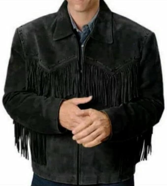 Men's Western Genuine Suede Leather Cowboy Jacket | Traditional Native American Coat with Fringed - Black