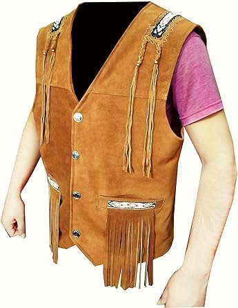 Men's Cowboy Suede Fringed Beaded Vest, Native American Western Style - Camel Brown 1