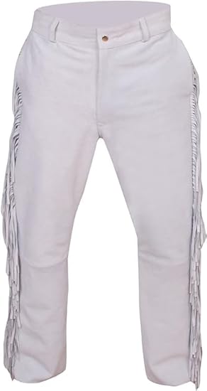 Men's Cowboy Buckskin Suede Leather Western Pant with Fringe - White 2