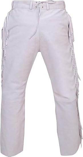 Men's Cowboy Buckskin Suede Leather Western Pant with Fringe - White 2