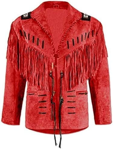 Men's Traditional Western Cowboy Suede Leather Jacket | Classic Native American Red Texture Jacket Coat with Beaded Fringed