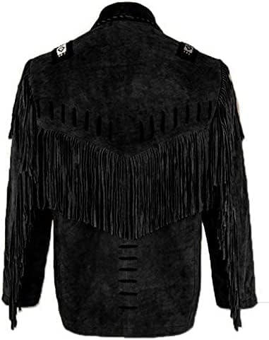 Men's Traditional Western Cowboy Suede Leather Jacket | Classic Native American Black Texture Jacket Coat with Beaded Fringed