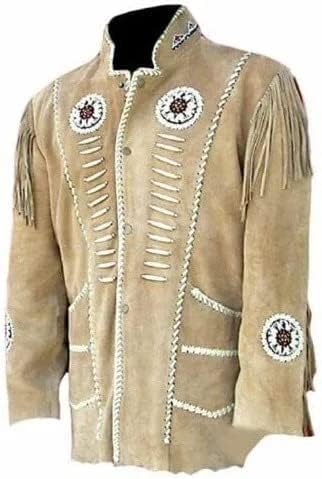 Mens Traditional Western Genuine Suede Leather Jacket | Native American Cowboy coat with Bones Beads & Fringes