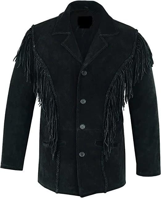 Mens Traditional Western Fringed Suede Leather Jacket | Classic Native American Black Texture Jacket Coat with Fringed