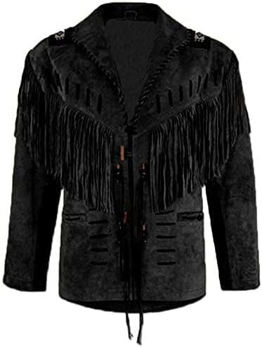 Men's Traditional Western Cowboy Suede Leather Jacket | Classic Native American Black Texture Jacket Coat with Beaded Fringed