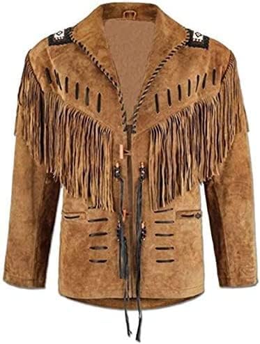 Men's Traditional Western Cowboy Suede Leather Jacket | Classic Native American Brown Texture Jacket Coat with Beaded Fringed