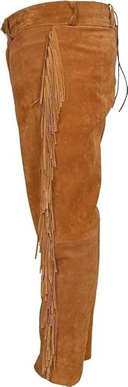 Men's Cowboy Buckskin Suede Leather Western Pant with Fringe - Brown