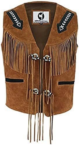 Men's Vintage Suede Leather Cowboy Western Fringe Jacket with Native Bead - Brown