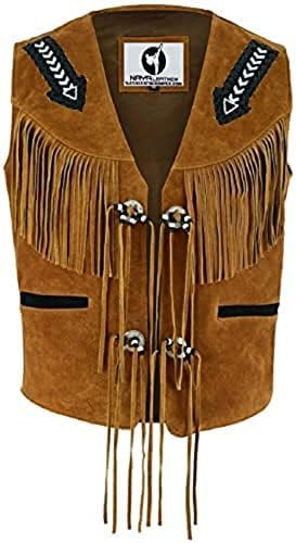 Men's Vintage Suede Leather Cowboy Western Fringe Jacket with Native Bead - Golden Tan