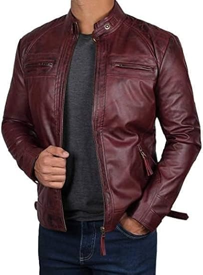 Men's Genuine Leather Jacket – Stylish Biker leather Jacket with Zip Pockets & Lining - Maroon