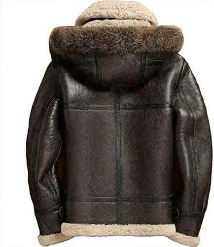 Men's Sheepskin Shearling Detachable Hooded B3 Flight Jacket Raccoon Fur Collar Aviator Coat - Dark Brown