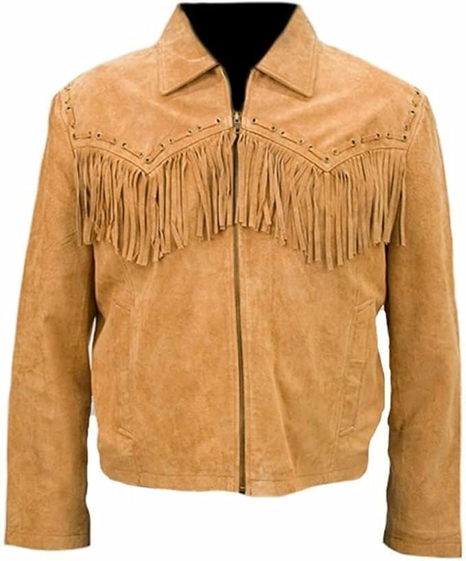 Men's Western Genuine Suede Leather Cowboy Jacket | Traditional Native American Coat with Fringed - Brown