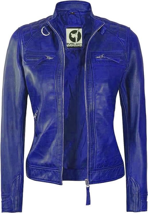 Women Real Lambskin Café Racer Style Causal And Fashion Women's Leather Jacket - Blue