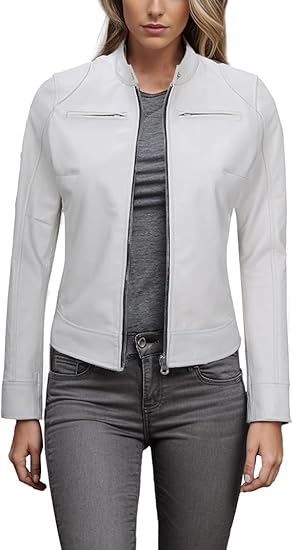 Leather Jackets For Women Café Racer Style Casual And Trending Fashion Real Lambskin Women's Leather Jacket - White