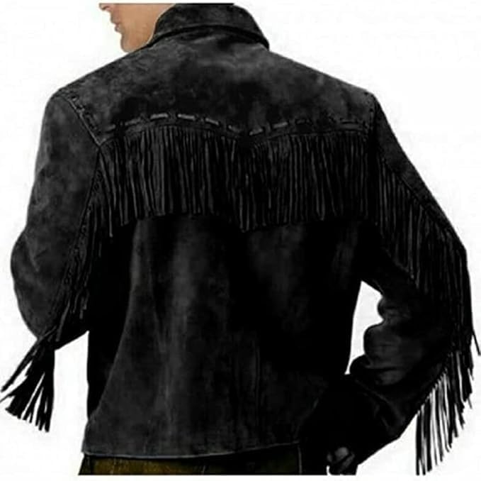 Men's Western Genuine Suede Leather Cowboy Jacket | Traditional Native American Coat with Fringed - Black