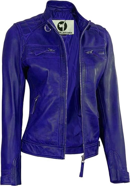 Women Real Lambskin Café Racer Style Causal And Fashion Women's Leather Jacket - Blue