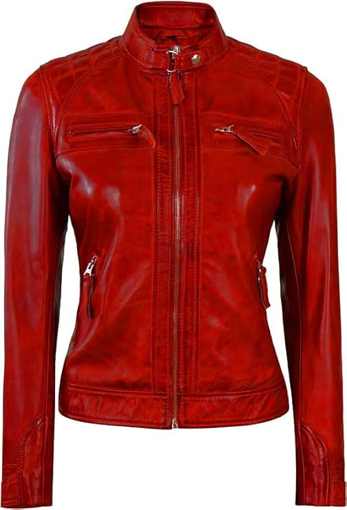 Women Real Lambskin Café Racer Style Causal And Fashion Women's Leather Jacket - Red