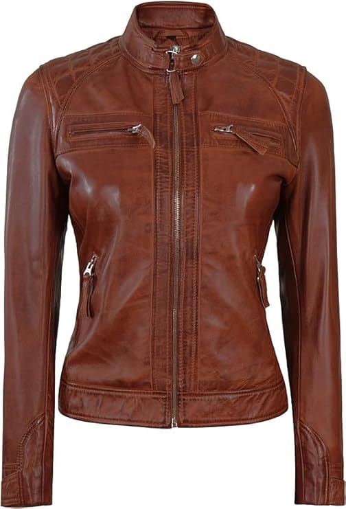 Women Real Lambskin Café Racer Style Causal And Fashion Women's Leather Jacket - Brown Vex