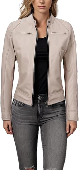 Leather Jackets For Women Café Racer Style Casual And Trending Fashion Real Lambskin Women's Leather Jacket - Beige