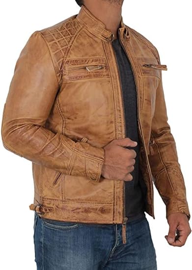 Men's Genuine Leather Jacket – Stylish Biker leather Jacket with Zip Pockets & Lining - Camel Brown