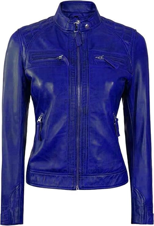 Women Real Lambskin Café Racer Style Causal And Fashion Women's Leather Jacket - Blue