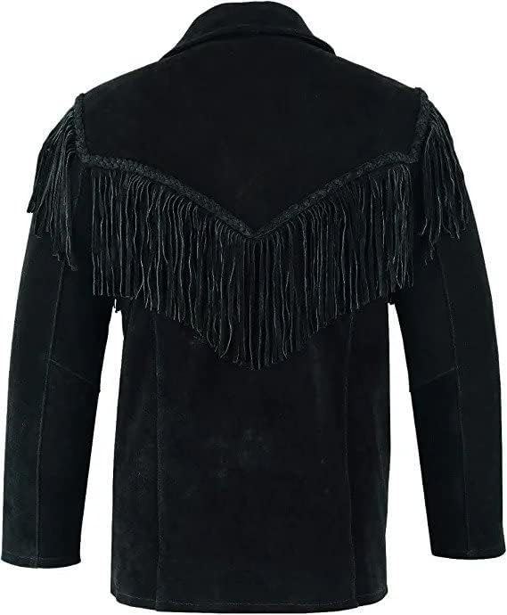 Mens Traditional Western Fringed Suede Leather Jacket | Classic Native American Black Texture Jacket Coat with Fringed