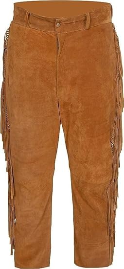 Men's Cowboy Buckskin Suede Leather Western Pant with Fringe - Brown