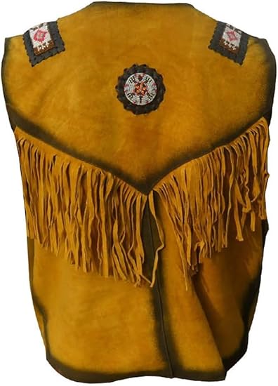 Men's Cowboy Suede Fringed Beaded Vest, Native American Western Style - Gold