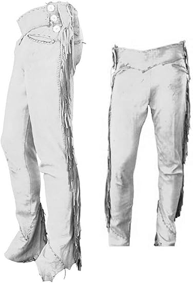 Men's Cowboy Buckskin Suede Leather Western Pant with Fringe - White 1