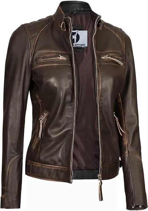 Women Real Lambskin Café Racer Style Causal And Fashion Women's Leather Jacket - Brown Ruboff