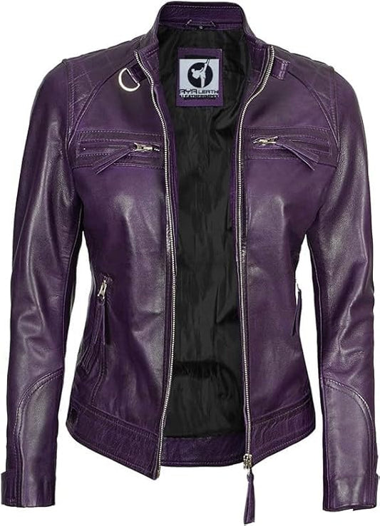 Women Real Lambskin Café Racer Style Causal And Fashion Women's Leather Jacket - Purple