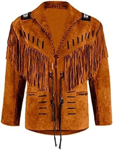 Men's Traditional Western Cowboy Suede Leather Jacket | Classic Native American Camel Brown Texture Jacket Coat with Beaded Fringed