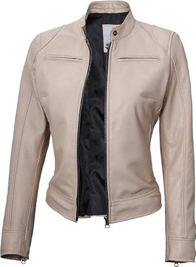 Leather Jackets For Women Café Racer Style Casual And Trending Fashion Real Lambskin Women's Leather Jacket - Beige