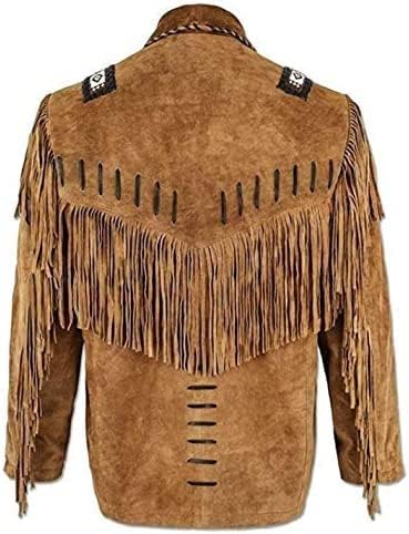 Men's Traditional Western Cowboy Suede Leather Jacket | Classic Native American Brown Texture Jacket Coat with Beaded Fringed