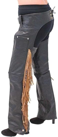 Cowboy Leather Western Leather Fringe Native Handmade Beads Chaps - Black with Brown Fringes