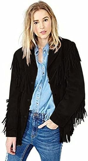 Buckskin Suede Leather Jacket Genuine Leather Western Style Jacket with Fringe Details for Women - Black