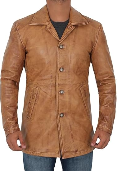 Coats for Men Vintage Style Long Leather Jacket  - Camel Brown