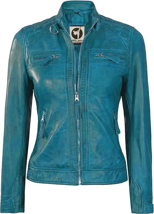 Women Real Lambskin Café Racer Style Causal And Fashion Women's Leather Jacket - Turqoise Blue