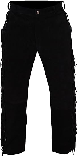 Men's Cowboy Buckskin Suede Leather Western Pant with Fringe - Black 2