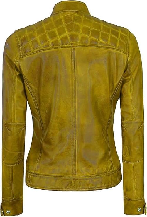 Women Real Lambskin Café Racer Style Causal And Fashion Women's Leather Jacket - Yellow